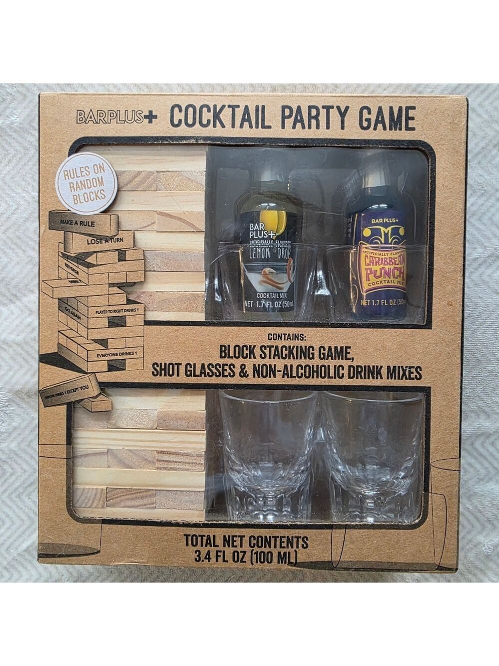 Cocktail Party Game - Block Stacking Game, Shot Glasses And Mixes